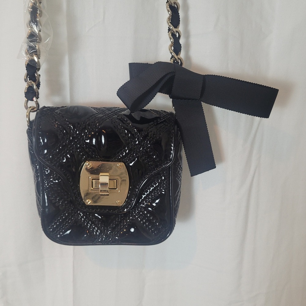 Talbots Black Quilted Patent Leather Mini Crossbody Bag Gold Hardware Bow Y2K